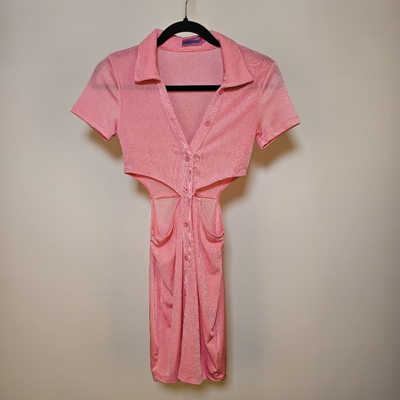 Edikted pink cutout short sleeve collar button bodycon mini dress size S US - Picture 2 of 6